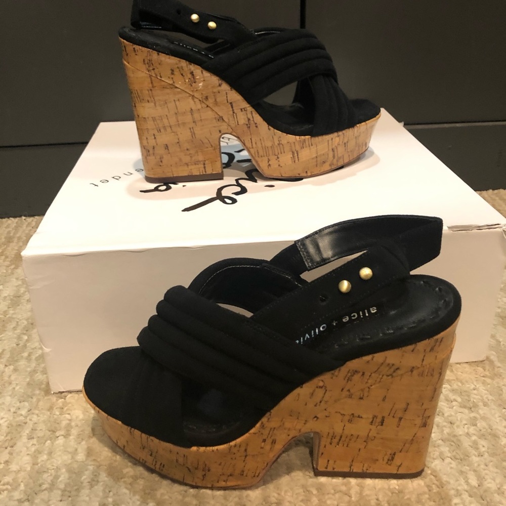 Alice and Olivia Charlize Black Suede Cork Heels